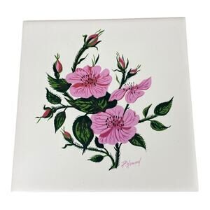 Vintage Ceramic Floral Tile Wall Art By P. Howard Trivet Wall Decor
